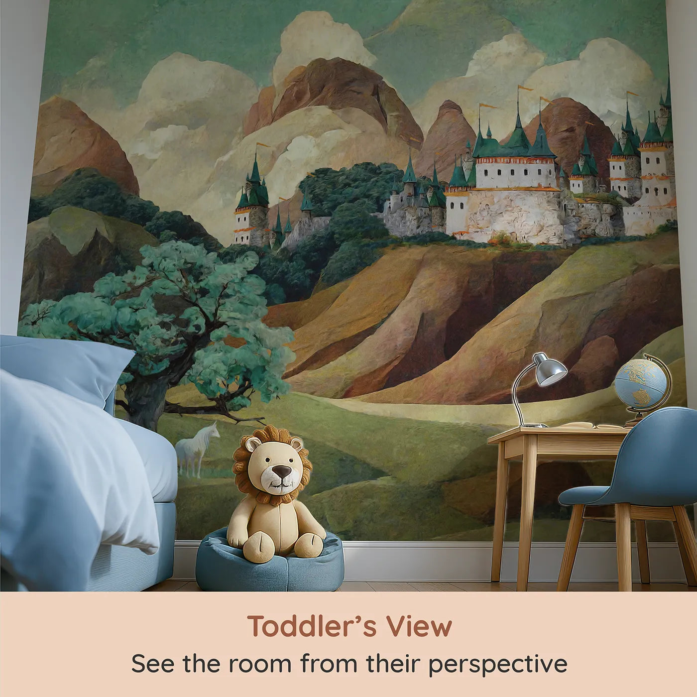 Whimsy Tots Whispering Peaks Castle Wall Mural (Turn Their Room into a Storybook Fantasy World) from your child's view.Gender-Neutral