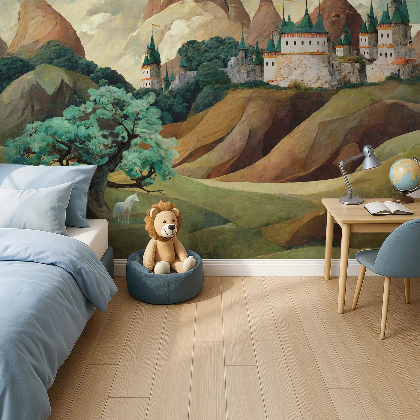 Top-down view of Whimsy Tots' Whispering Peaks Castle Wall Mural (Turn Their Room into a Storybook Fantasy World).Gender-Neutral