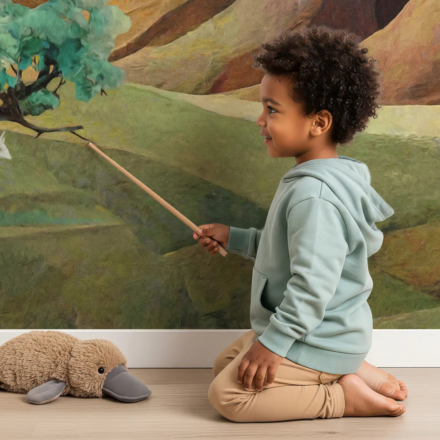 Child in front of Whimsy Tots Whispering Peaks Castle Wall Mural with castle, unicorn, fantasy, mountain, landscape, painterly, storybook, magic in design.