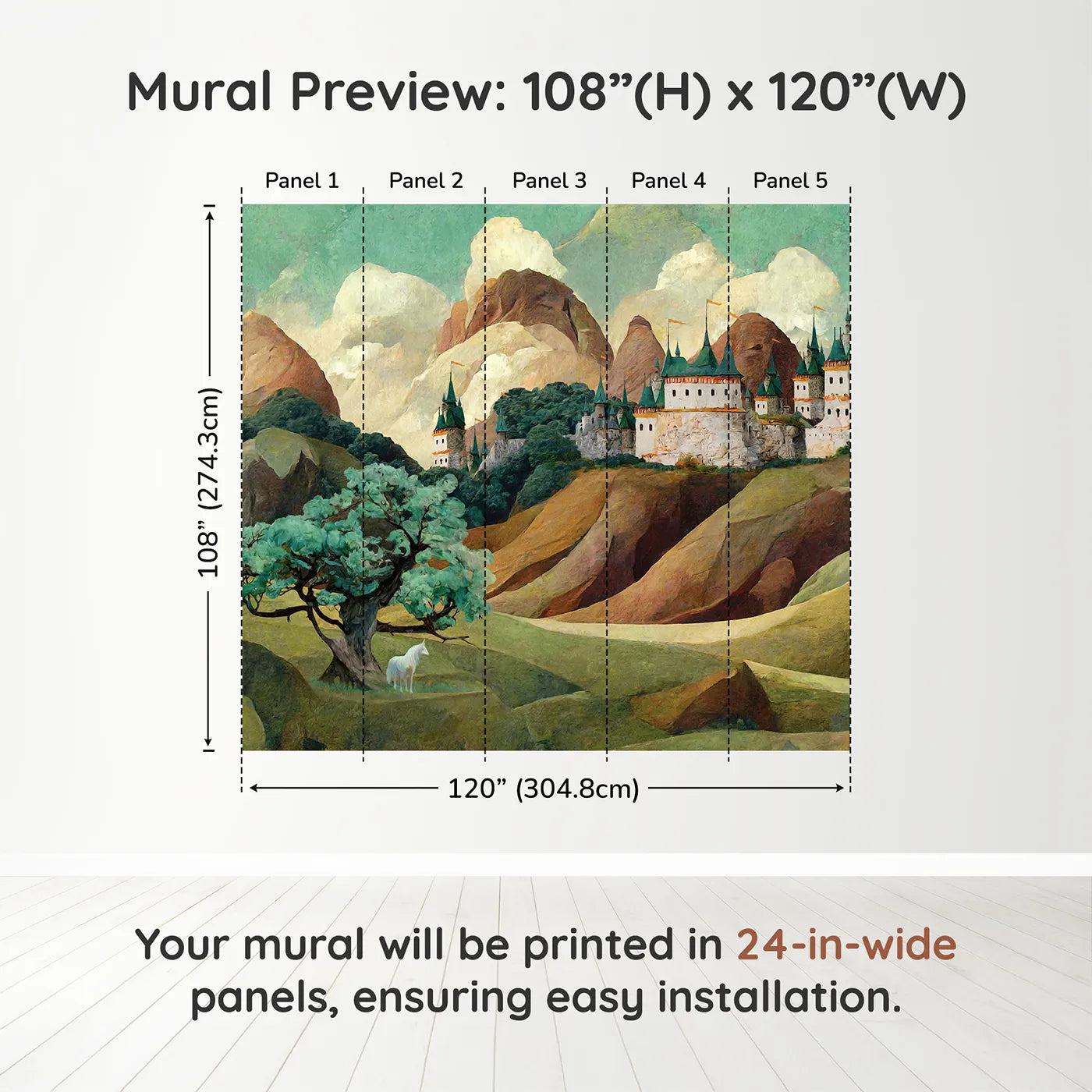 Whimsy Tots Whispering Peaks Castle Wall Muraldimension view (108" H x 120" W). Printed in five 24-inch-wide panels. Gender-Neutral