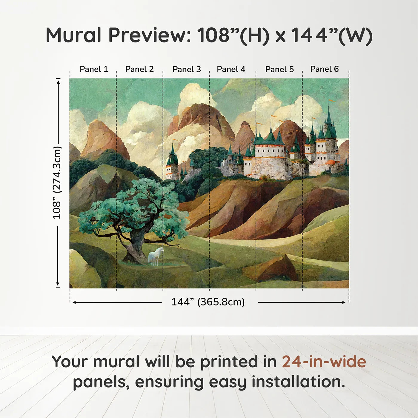 Whimsy Tots Whispering Peaks Castle Wall Muraldimension view (108" H x 144" W). Printed in six 24-inch-wide panels. Gender-Neutral