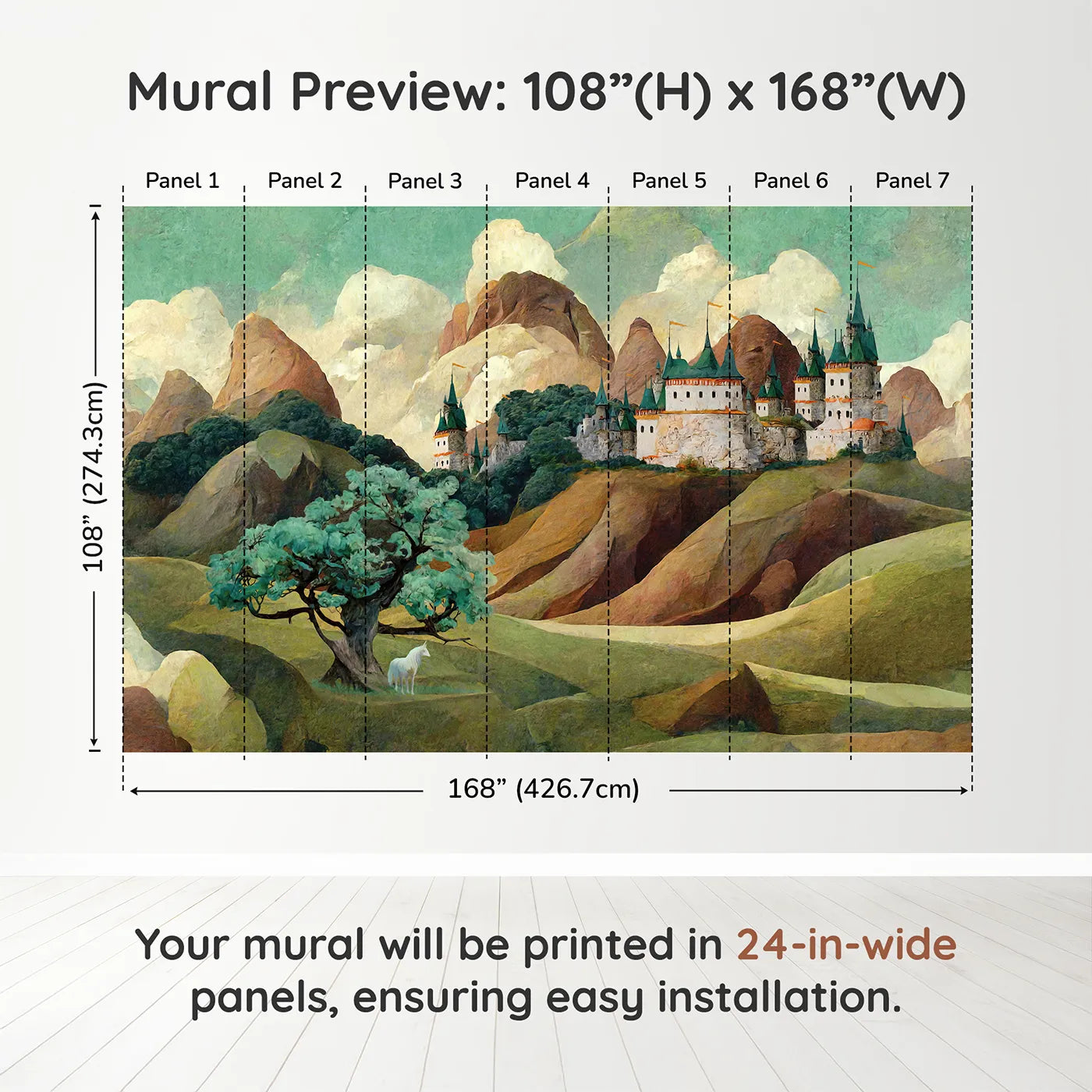 Whimsy Tots Whispering Peaks Castle Wall Muraldimension view (108" H x 168" W). Printed in seven 24-inch-wide panels. Gender-Neutral
