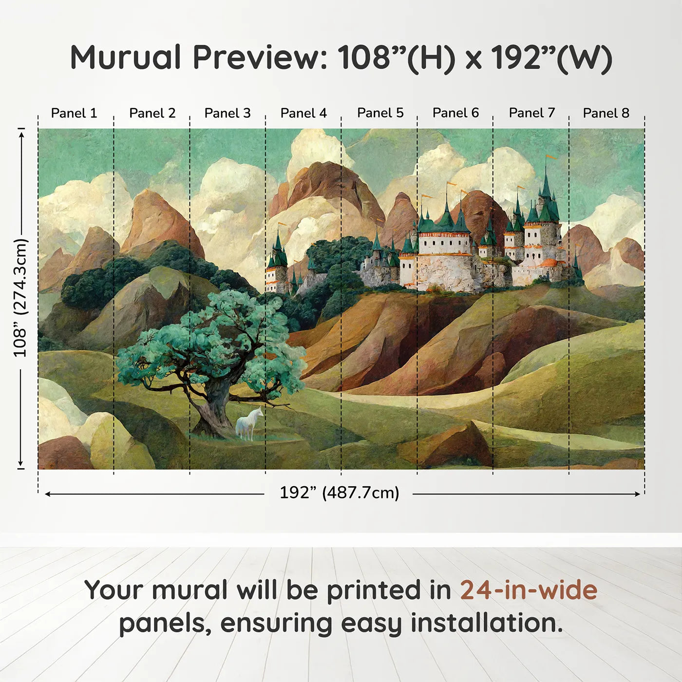 Whimsy Tots Whispering Peaks Castle Wall Muraldimension view (108" H x 192" W). Printed in eight 24-inch-wide panels. Gender-Neutral