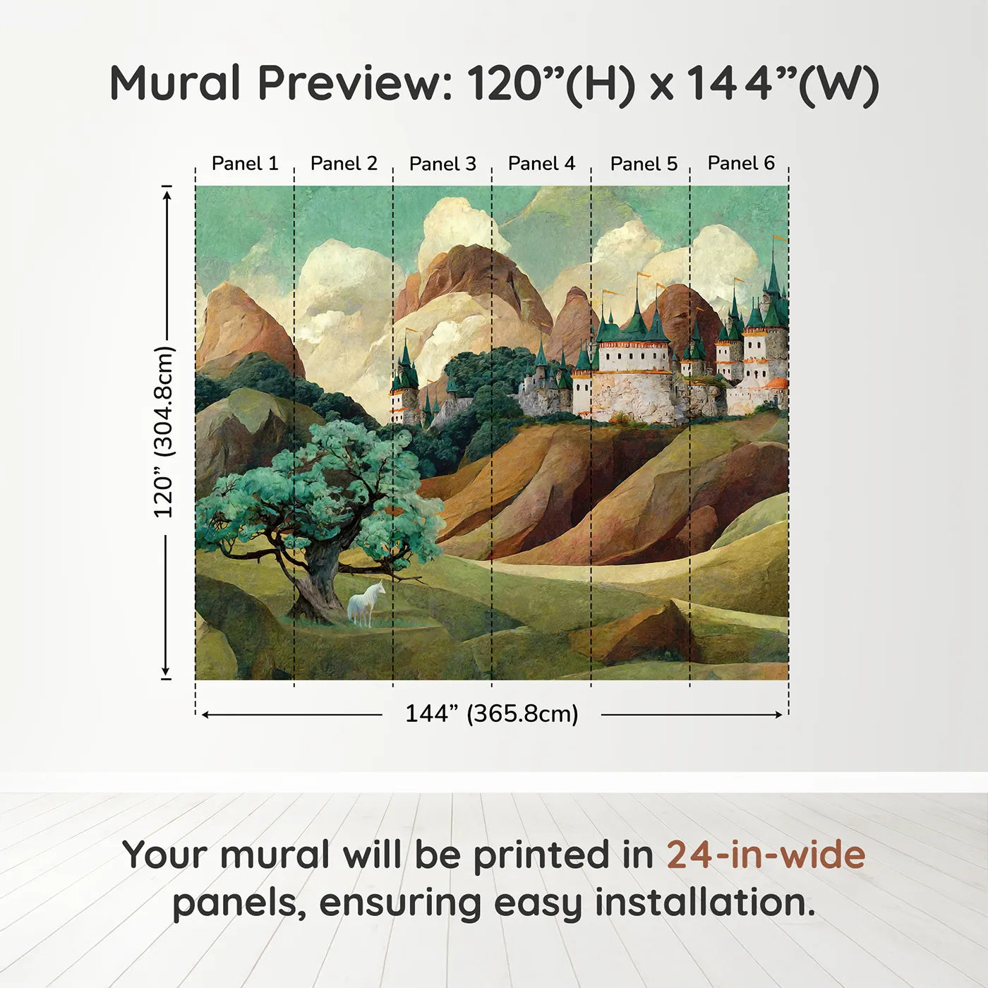 Whimsy Tots Whispering Peaks Castle Wall Muraldimension view (120" H x 144" W). Printed in six 24-inch-wide panels. Gender-Neutral
