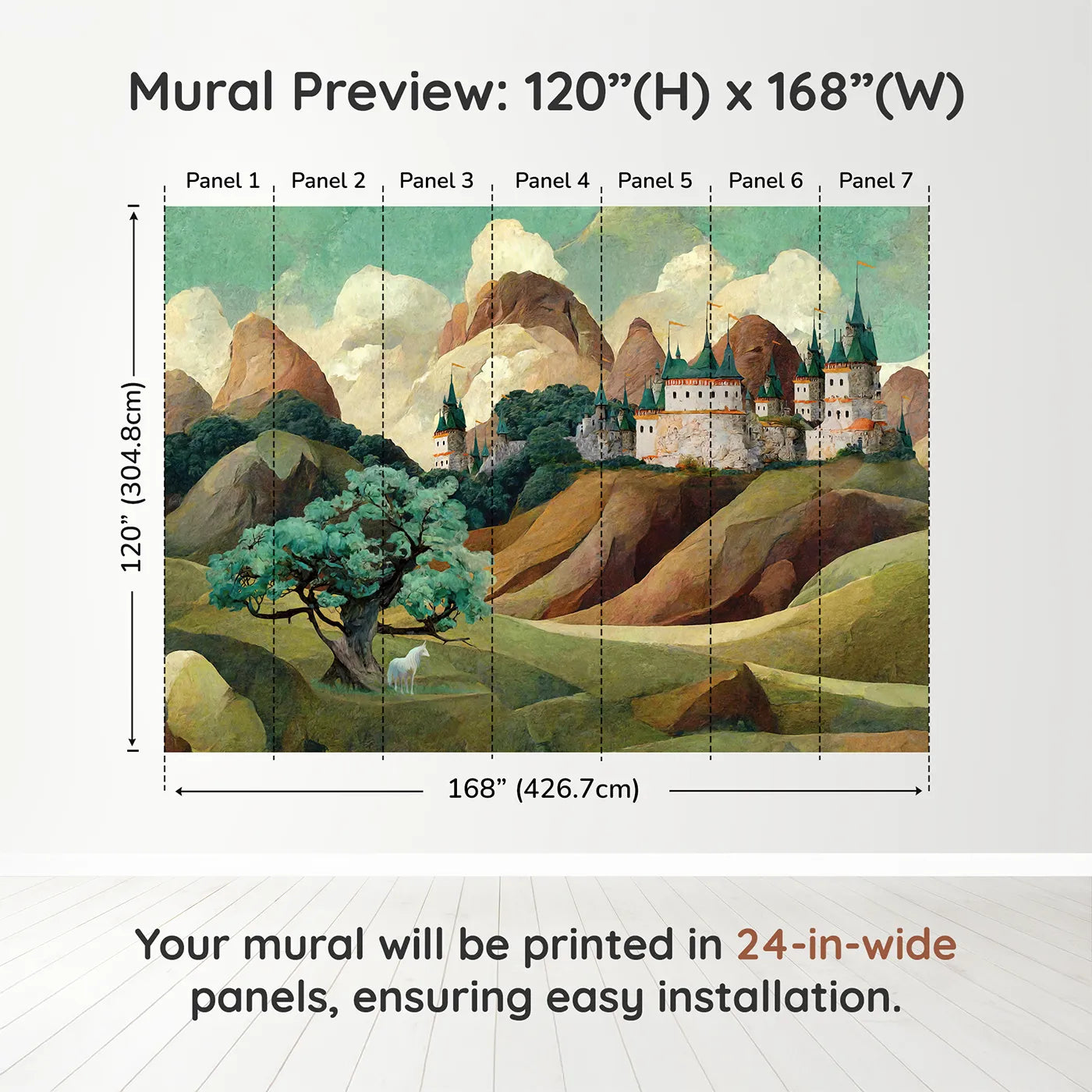 Whimsy Tots Whispering Peaks Castle Wall Muraldimension view (120" H x 168" W). Printed in seven 24-inch-wide panels. Gender-Neutral