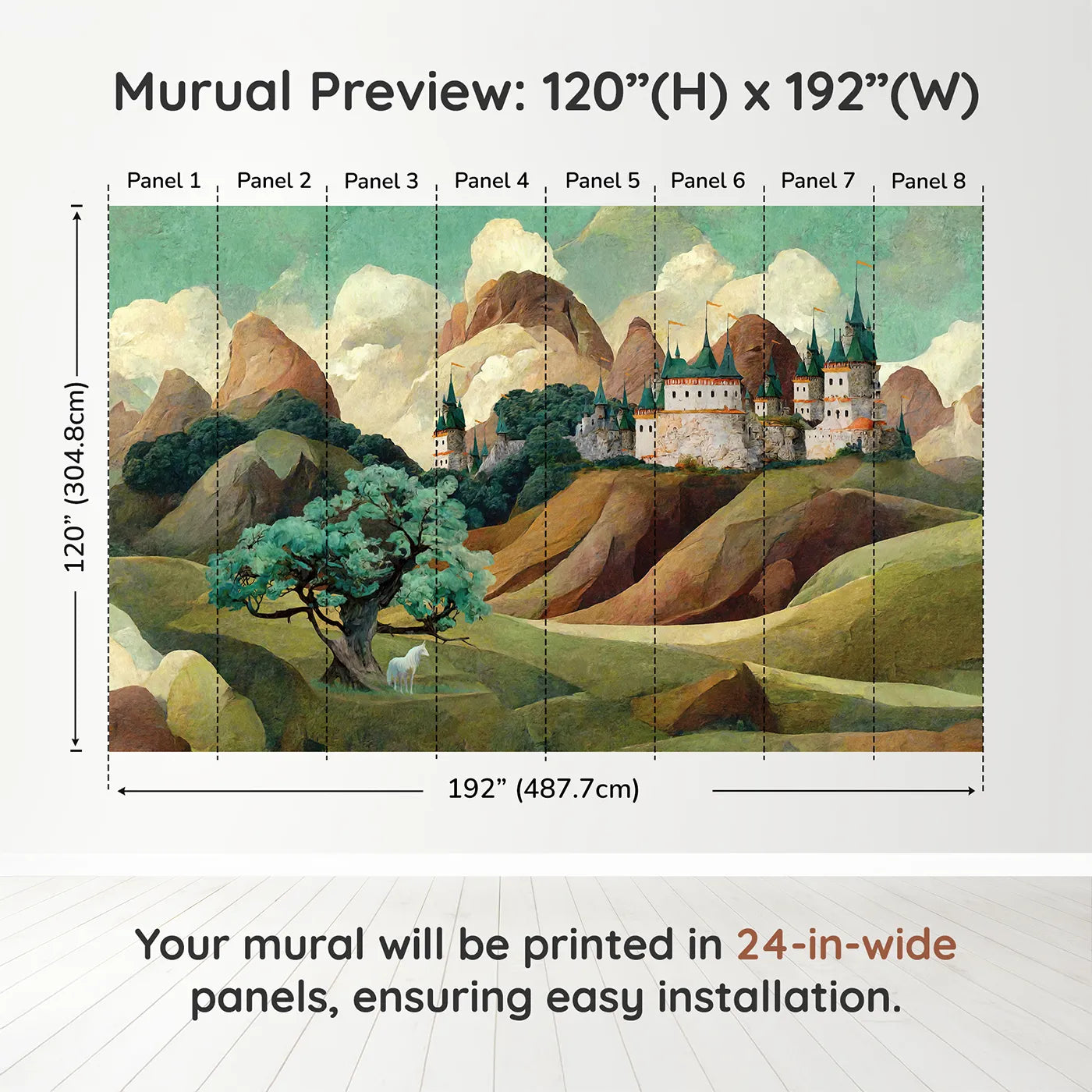 Whimsy Tots Whispering Peaks Castle Wall Muraldimension view (120" H x 192" W). Printed in eight 24-inch-wide panels. Gender-Neutral