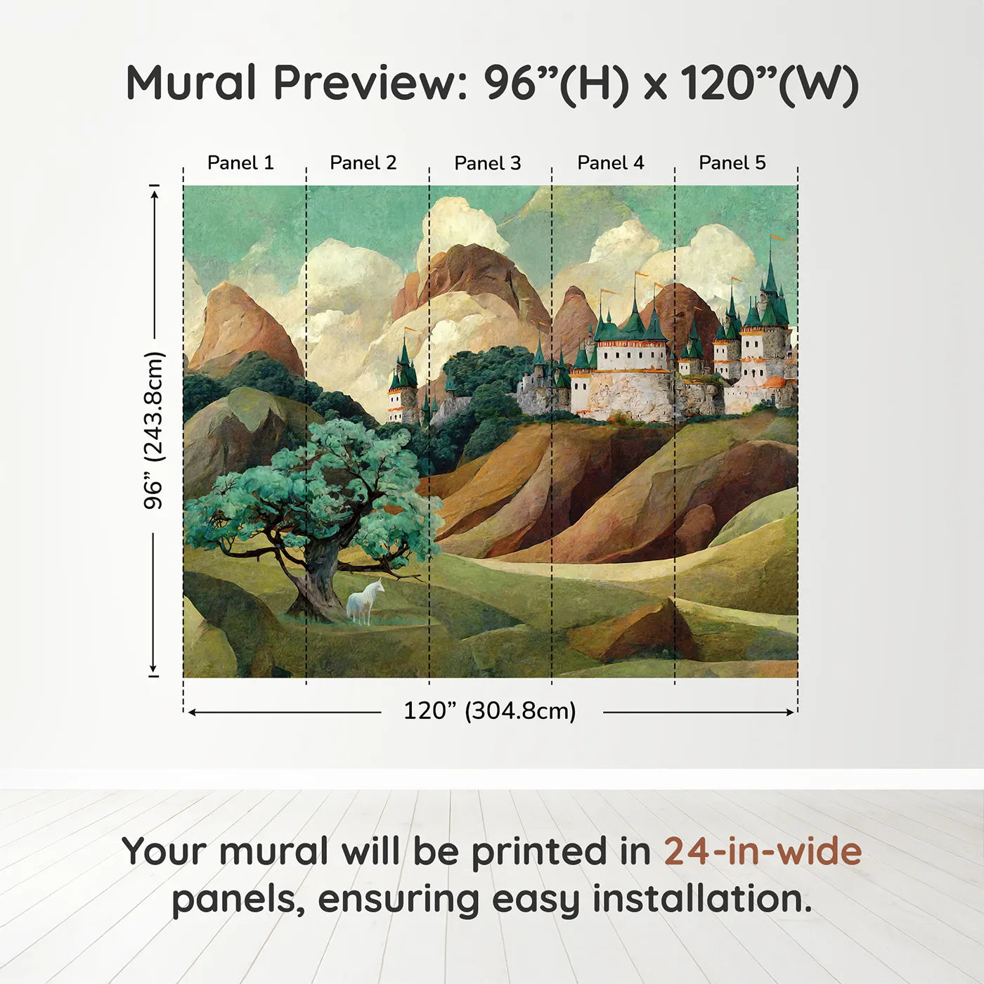 Whimsy Tots Whispering Peaks Castle Wall Muraldimension view (96" H x 120" W). Printed in five 24-inch-wide panels. Gender-Neutral