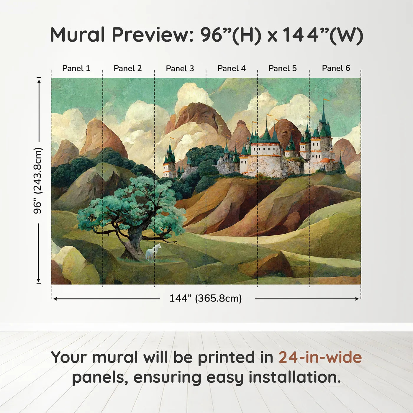 Whimsy Tots Whispering Peaks Castle Wall Muraldimension view (96" H x 144" W). Printed in six 24-inch-wide panels. Gender-Neutral
