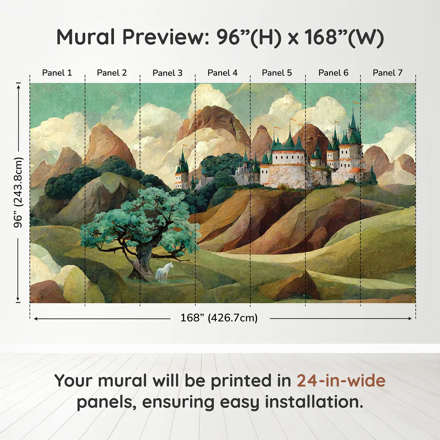 Whimsy Tots Whispering Peaks Castle Wall Muraldimension view (96" H x 168" W). Printed in seven 24-inch-wide panels. Gender-Neutral