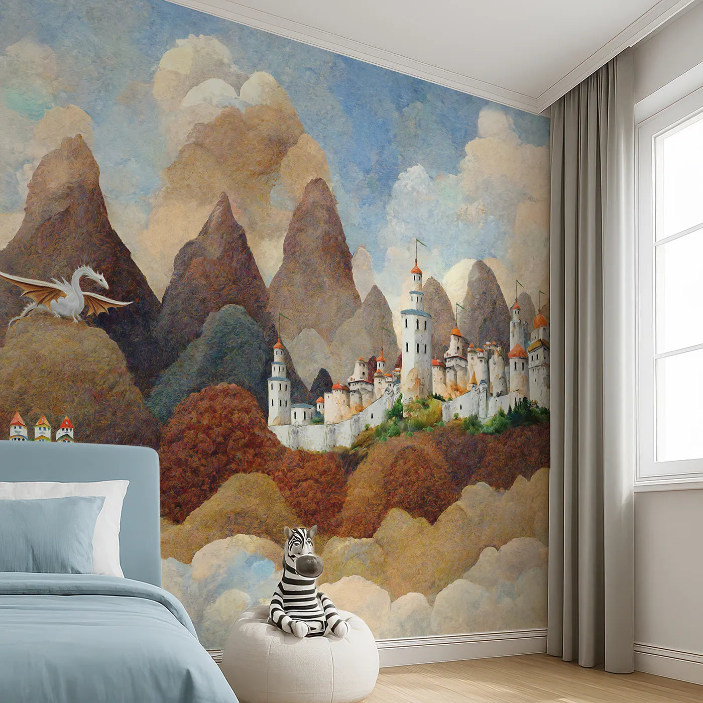 Angled view of Whimsy Tots' Dragonwatch Peaks Castle Wall Mural (Turn Their Room into a World of Watchful Wonder).Best for Boys