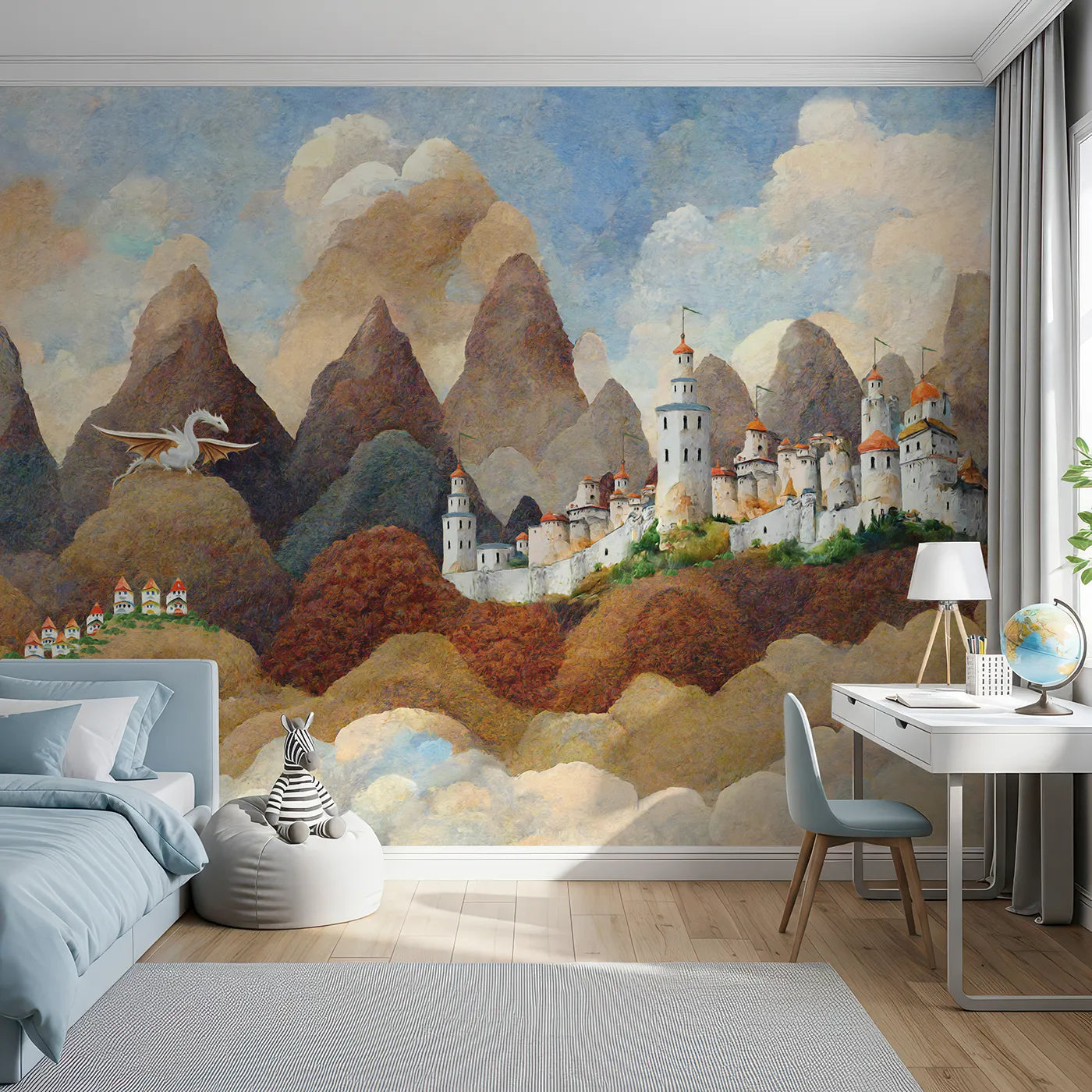 Front view of Whimsy Tots' Dragonwatch Peaks Castle Wall Mural