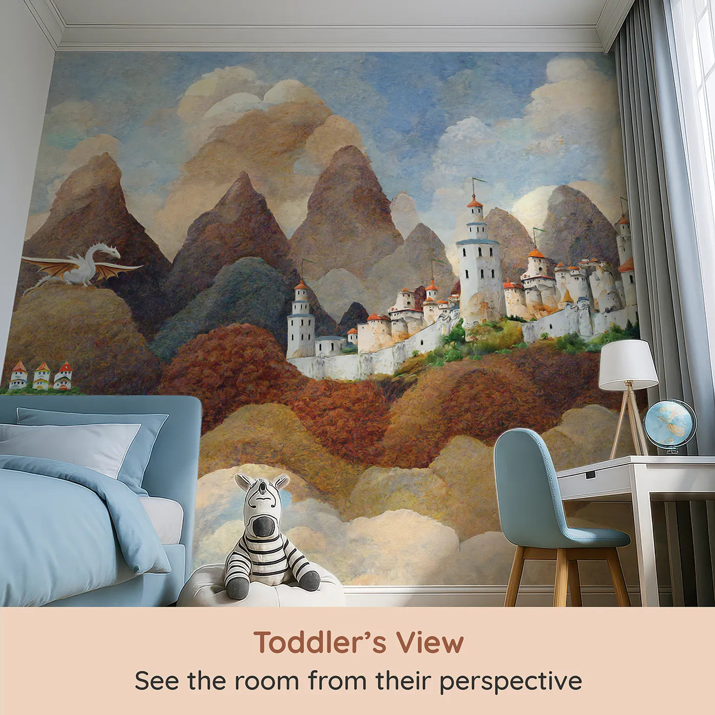 Whimsy Tots Dragonwatch Peaks Castle Wall Mural (Turn Their Room into a World of Watchful Wonder) from your child's view.Best for Boys