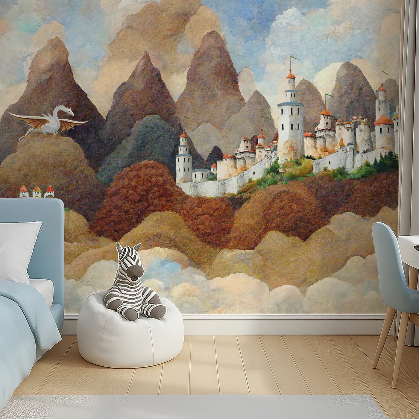 Top-down view of Whimsy Tots' Dragonwatch Peaks Castle Wall Mural (Turn Their Room into a World of Watchful Wonder).Best for Boys