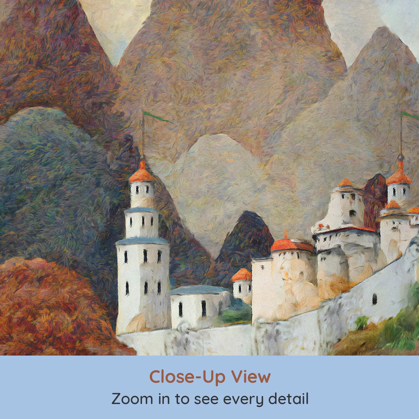 Close-up view of Whimsy Tots' Dragonwatch Peaks Castle Wall Mural (Turn Their Room into a World of Watchful Wonder).Best for Boys