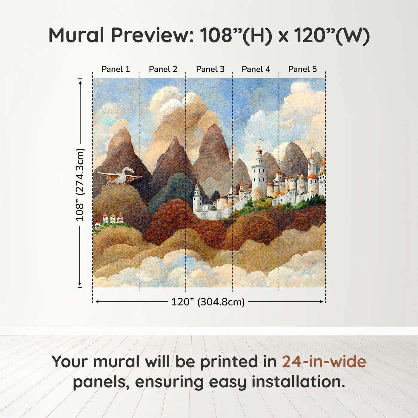 Whimsy Tots Dragonwatch Peaks Castle Wall Muraldimension view (108" H x 120" W). Printed in five 24-inch-wide panels. Best for Boys