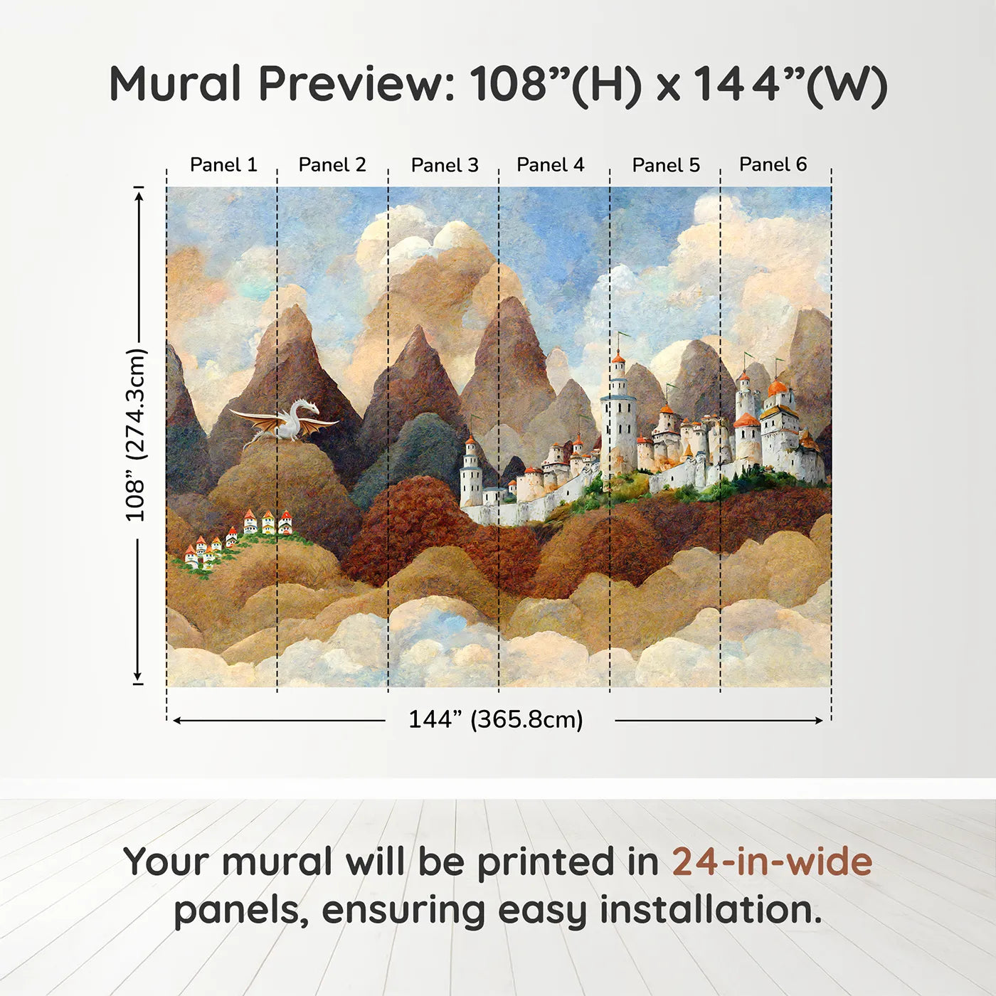 Whimsy Tots Dragonwatch Peaks Castle Wall Muraldimension view (108" H x 144" W). Printed in six 24-inch-wide panels. Best for Boys