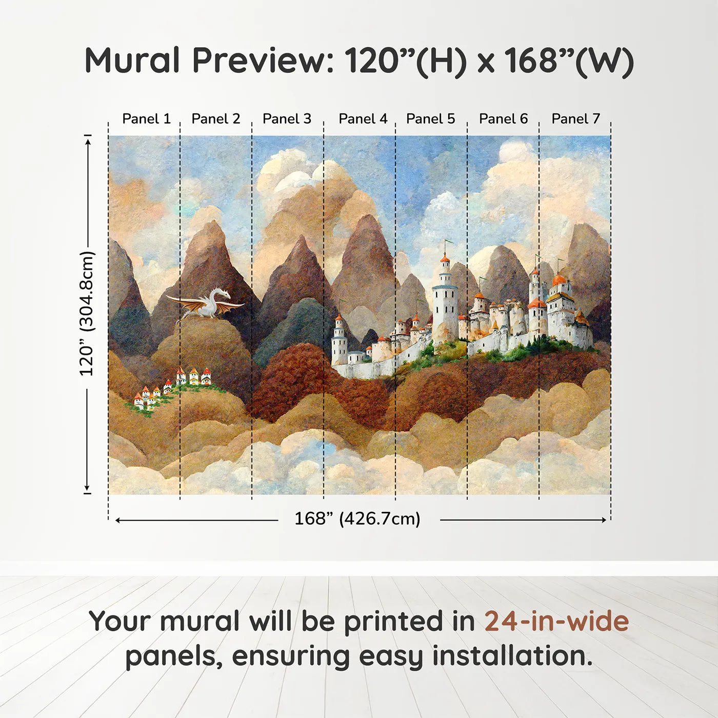 Whimsy Tots Dragonwatch Peaks Castle Wall Muraldimension view (120" H x 168" W). Printed in seven 24-inch-wide panels. Best for Boys