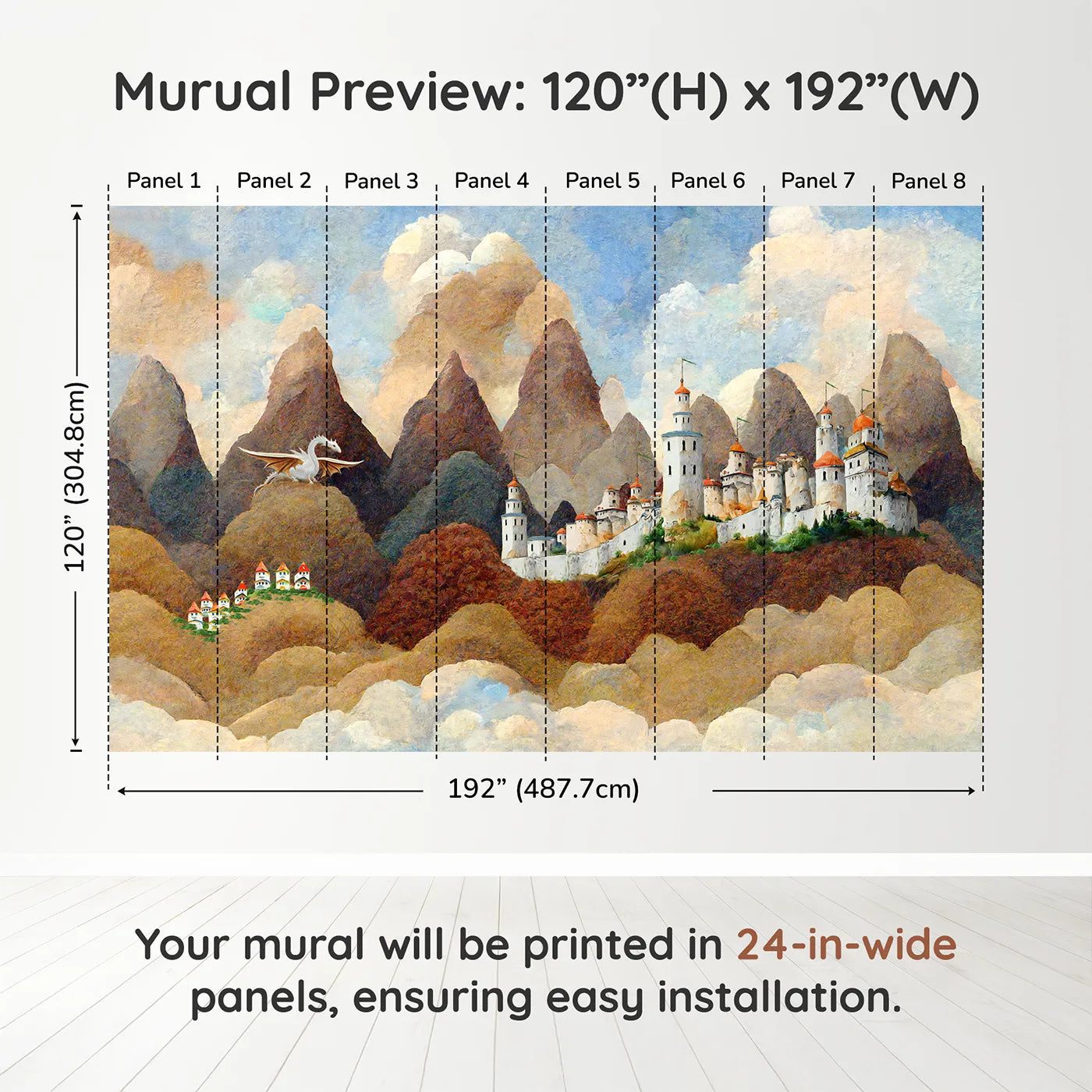 Whimsy Tots Dragonwatch Peaks Castle Wall Muraldimension view (120" H x 192" W). Printed in eight 24-inch-wide panels. Best for Boys