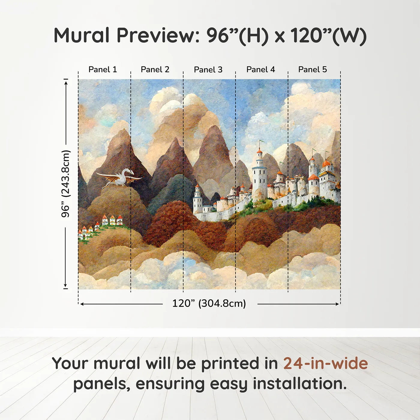 Whimsy Tots Dragonwatch Peaks Castle Wall Muraldimension view (96" H x 120" W). Printed in five 24-inch-wide panels. Best for Boys