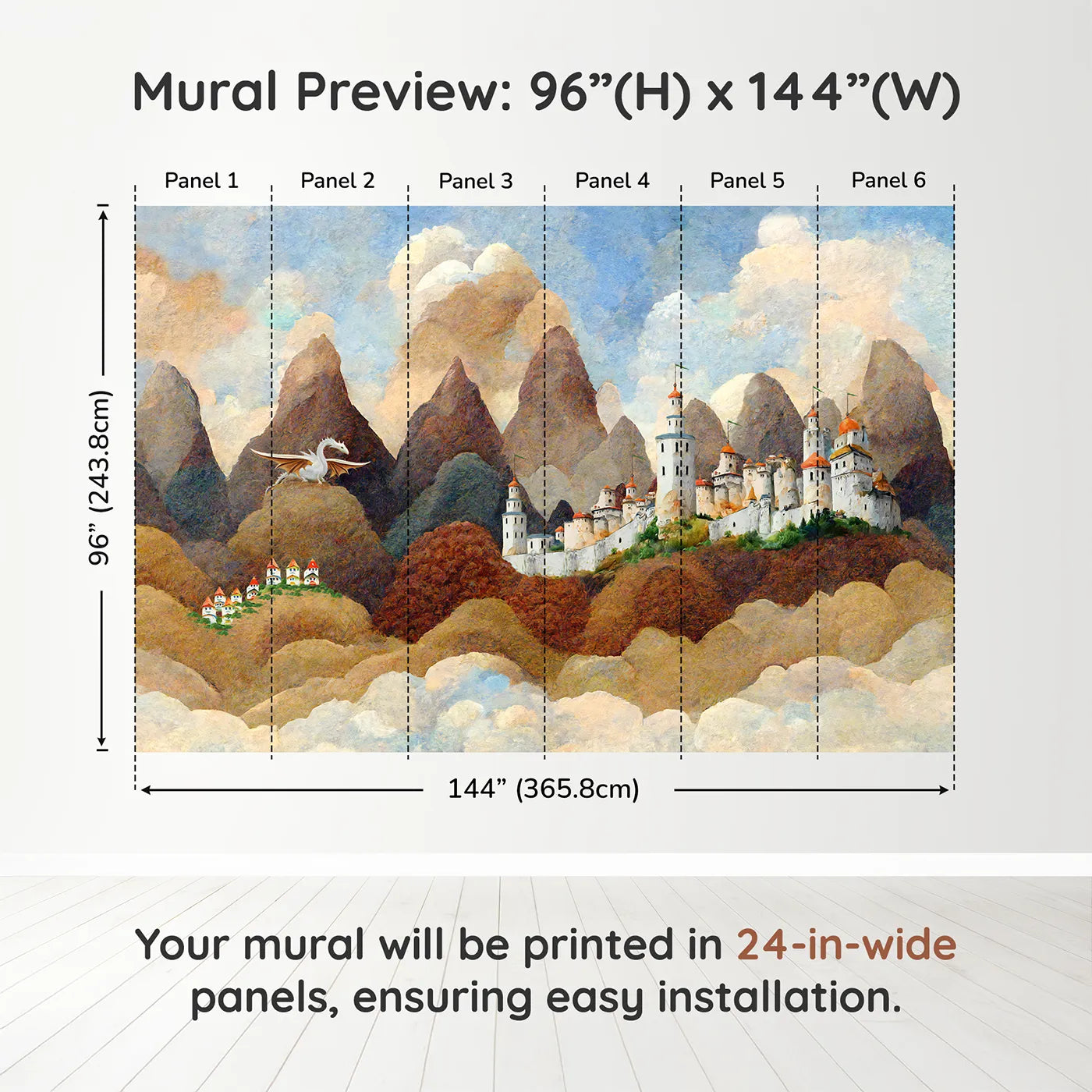 Whimsy Tots Dragonwatch Peaks Castle Wall Muraldimension view (96" H x 144" W). Printed in six 24-inch-wide panels. Best for Boys