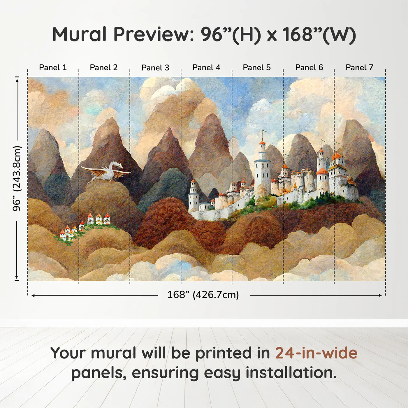 Whimsy Tots Dragonwatch Peaks Castle Wall Muraldimension view (96" H x 168" W). Printed in seven 24-inch-wide panels. Best for Boys