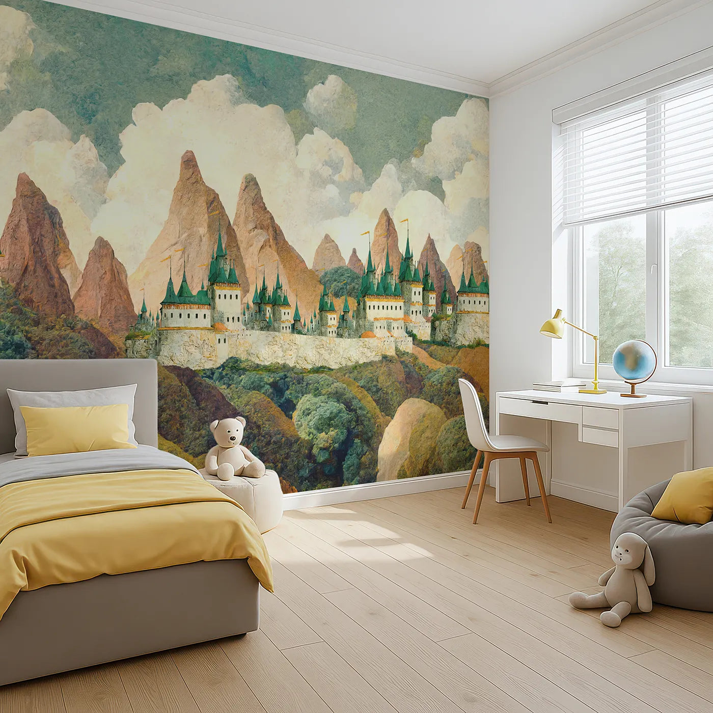 Angled view of Whimsy Tots' Emerald Spire Castle Wall Mural (Turn Their Room into a Majestic Mountain Kingdom).Gender-Neutral
