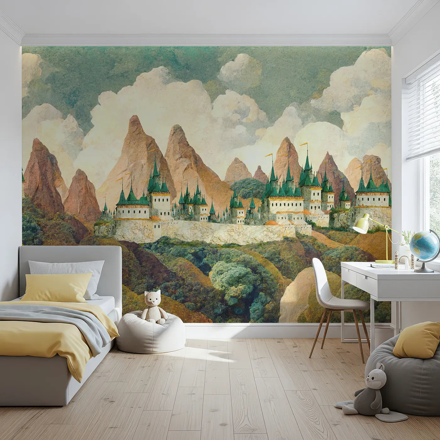 Front view of Whimsy Tots' Emerald Spire Castle Wall Mural