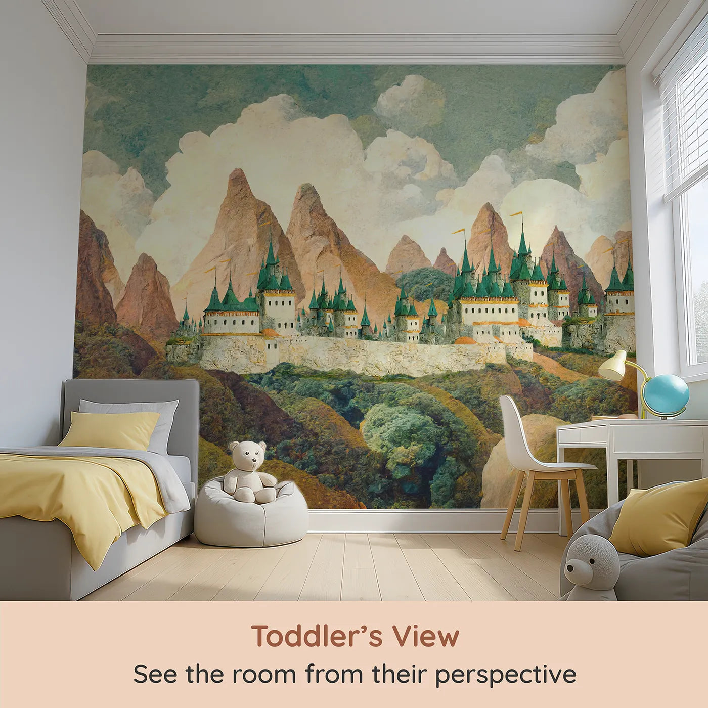 Whimsy Tots Emerald Spire Castle Wall Mural (Turn Their Room into a Majestic Mountain Kingdom) from your child's view.Gender-Neutral