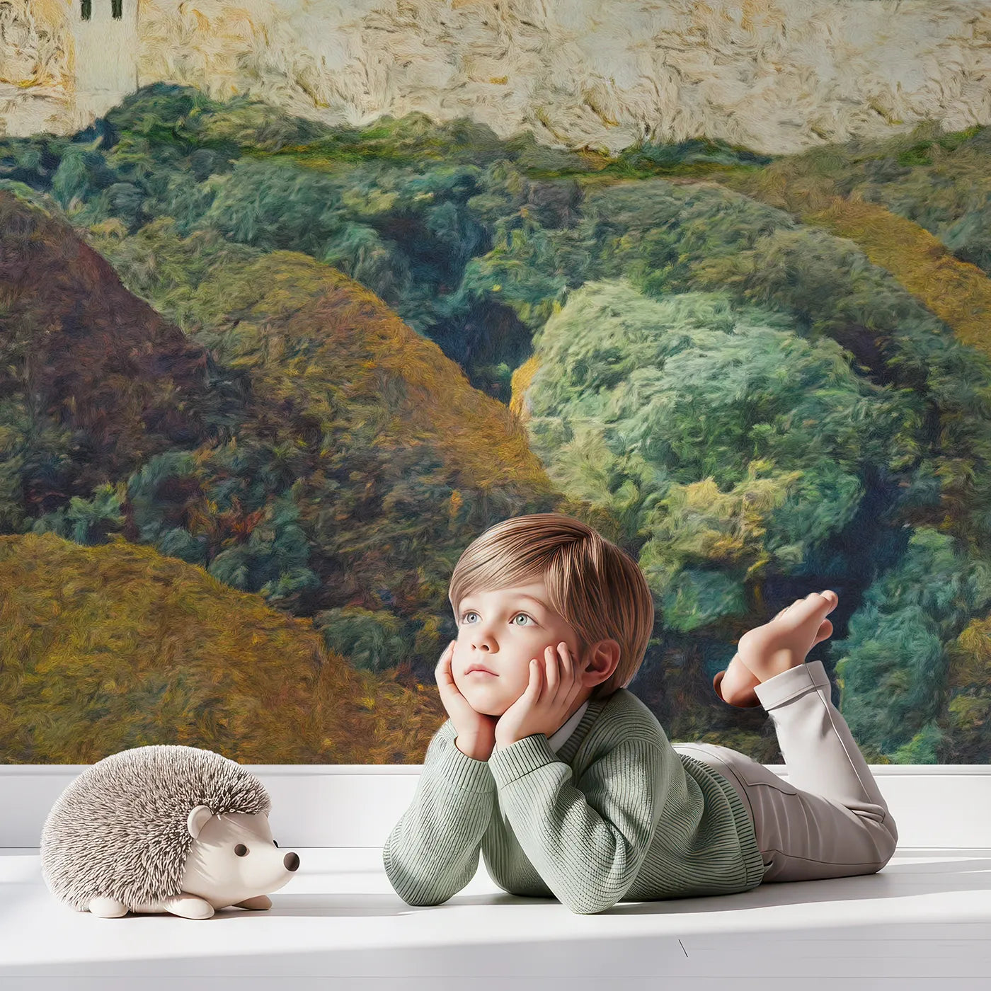 Child in front of Whimsy Tots Emerald Spire Castle Wall Mural with castle, mountain, fantasy, landscape, painterly, kingdom, epic, green in design.