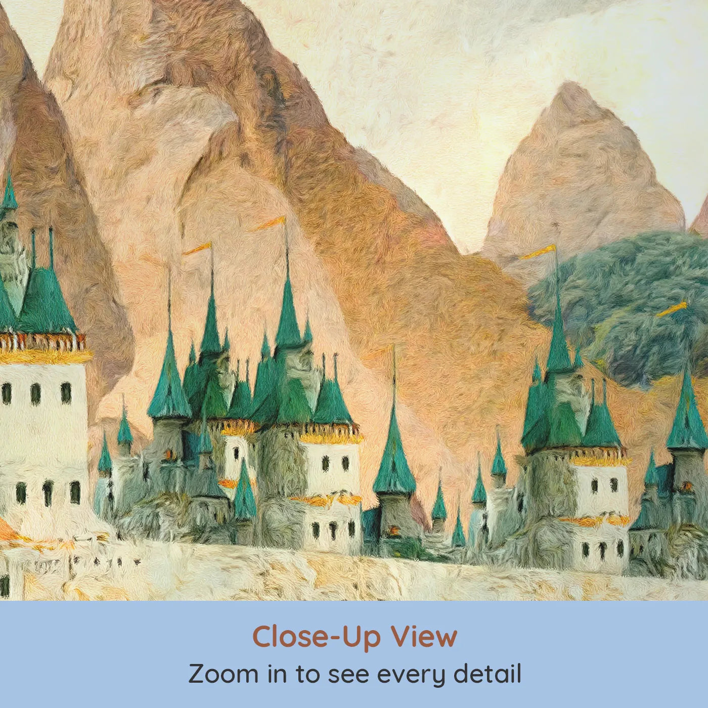 Close-up view of Whimsy Tots' Emerald Spire Castle Wall Mural (Turn Their Room into a Majestic Mountain Kingdom).Gender-Neutral