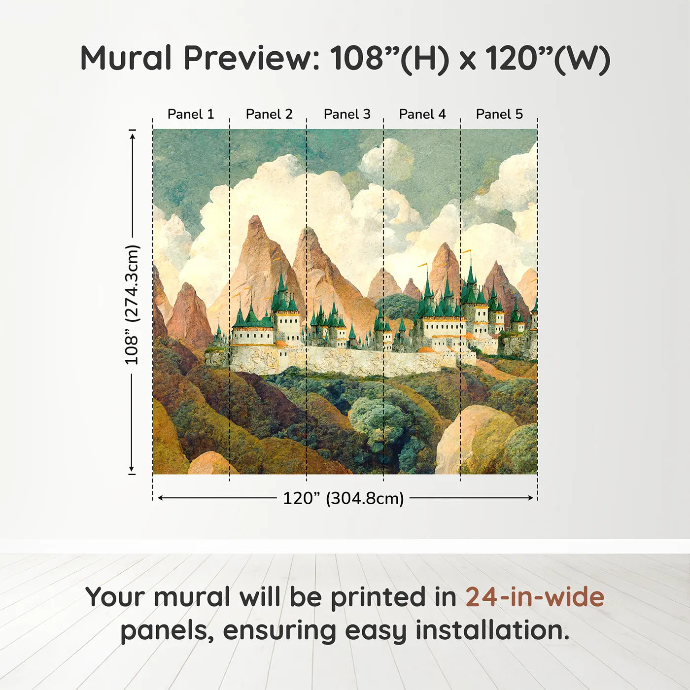 Whimsy Tots Emerald Spire Castle Wall Muraldimension view (108" H x 120" W). Printed in five 24-inch-wide panels. Gender-Neutral