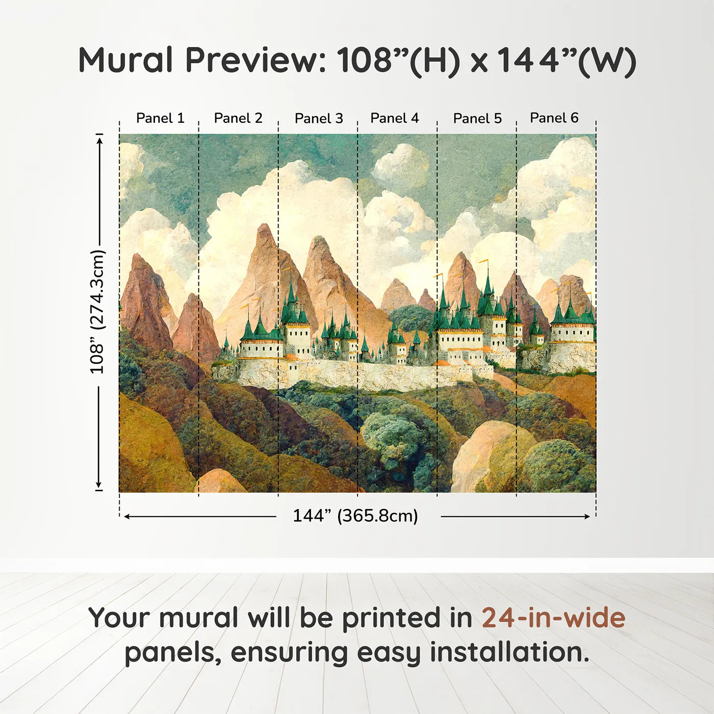 Whimsy Tots Emerald Spire Castle Wall Muraldimension view (108" H x 144" W). Printed in six 24-inch-wide panels. Gender-Neutral