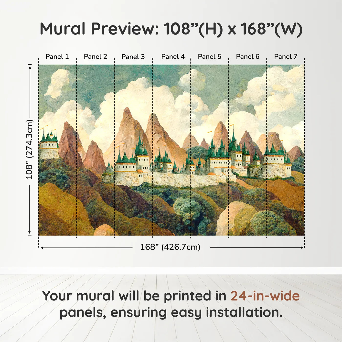 Whimsy Tots Emerald Spire Castle Wall Muraldimension view (108" H x 168" W). Printed in seven 24-inch-wide panels. Gender-Neutral