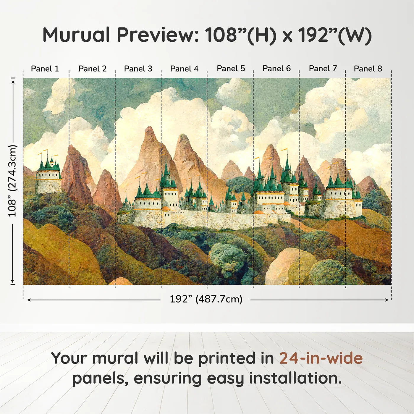 Whimsy Tots Emerald Spire Castle Wall Muraldimension view (108" H x 192" W). Printed in eight 24-inch-wide panels. Gender-Neutral