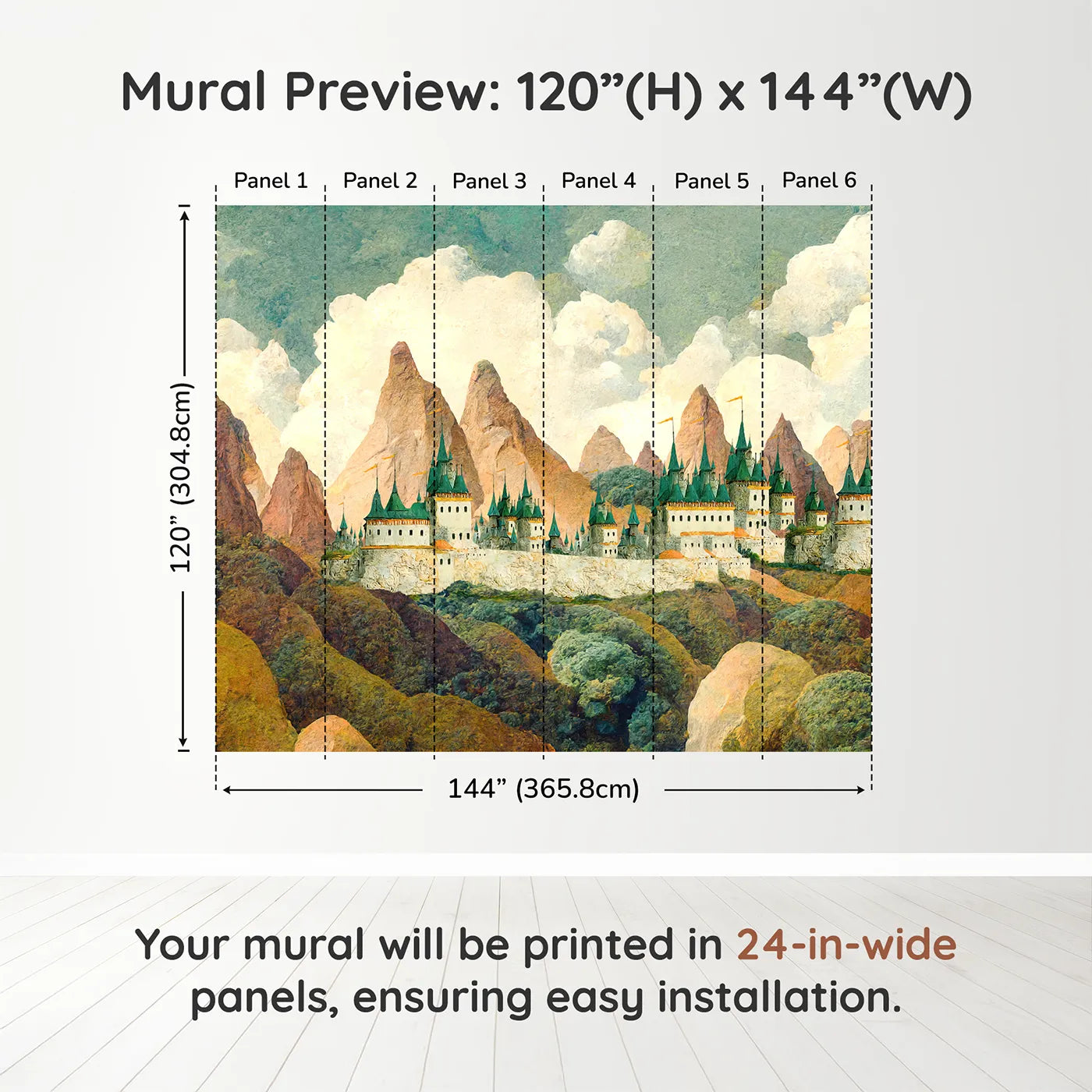 Whimsy Tots Emerald Spire Castle Wall Muraldimension view (120" H x 144" W). Printed in six 24-inch-wide panels. Gender-Neutral