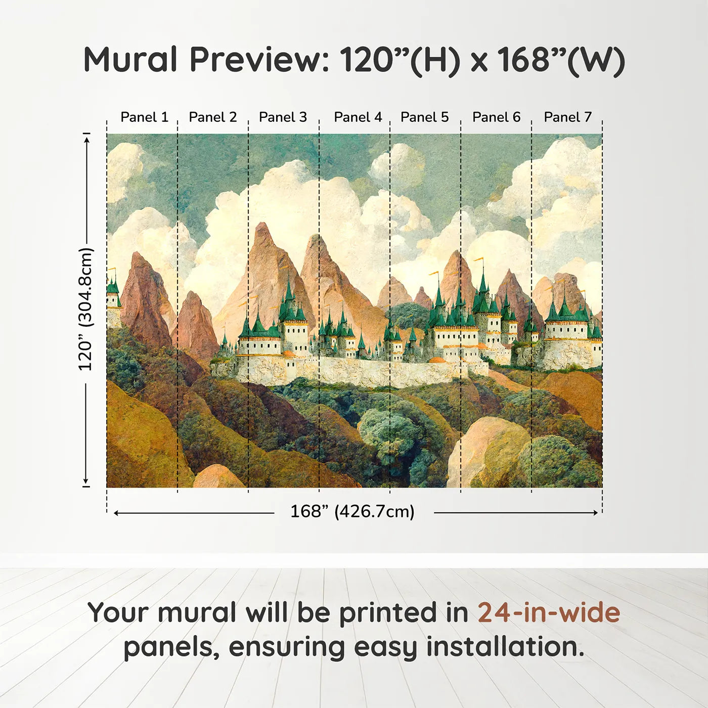 Whimsy Tots Emerald Spire Castle Wall Muraldimension view (120" H x 168" W). Printed in seven 24-inch-wide panels. Gender-Neutral