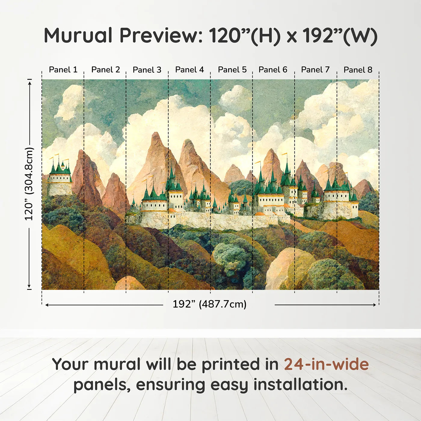 Whimsy Tots Emerald Spire Castle Wall Muraldimension view (120" H x 192" W). Printed in eight 24-inch-wide panels. Gender-Neutral