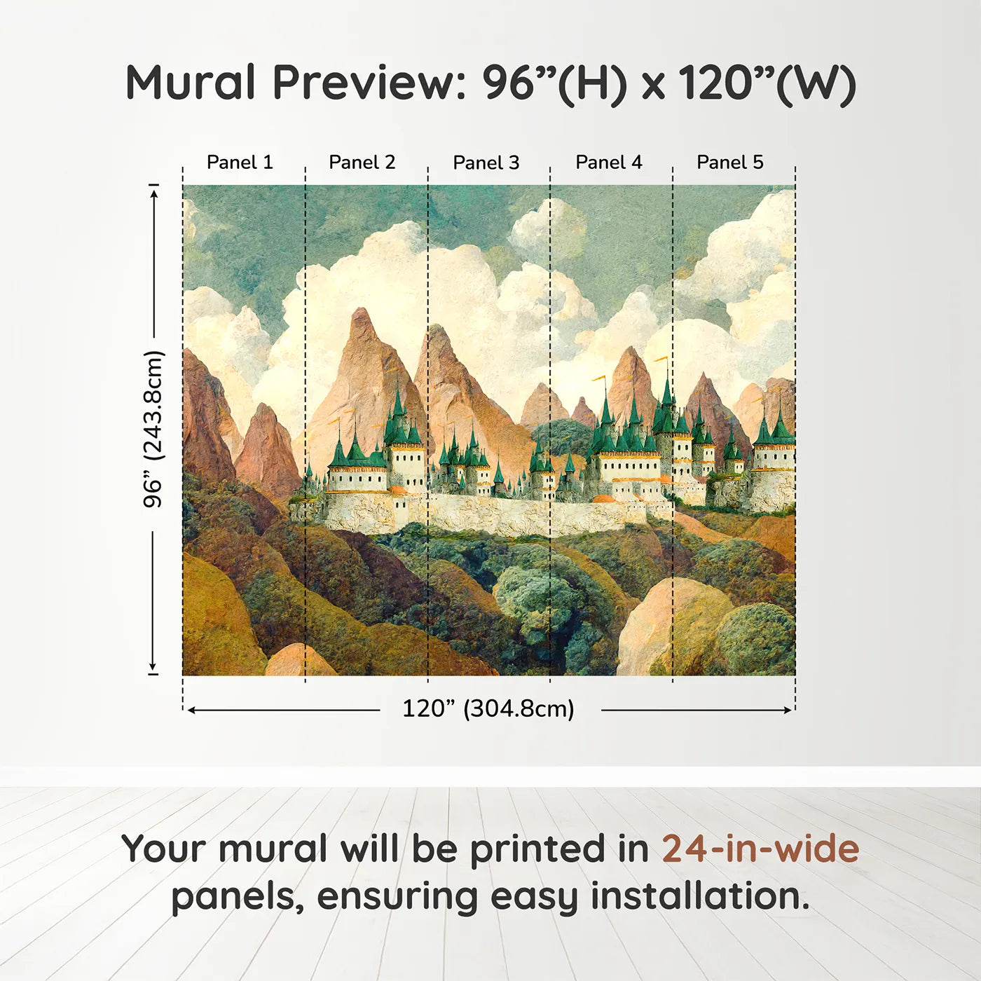 Whimsy Tots Emerald Spire Castle Wall Muraldimension view (96" H x 120" W). Printed in five 24-inch-wide panels. Gender-Neutral