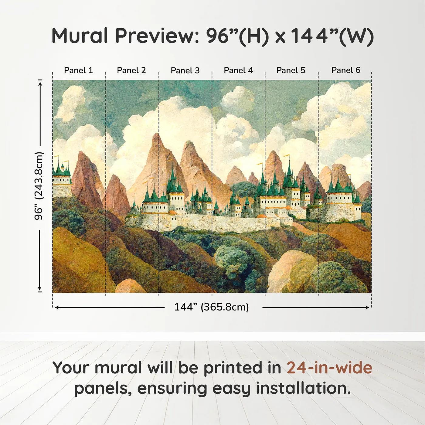 Whimsy Tots Emerald Spire Castle Wall Muraldimension view (96" H x 144" W). Printed in six 24-inch-wide panels. Gender-Neutral