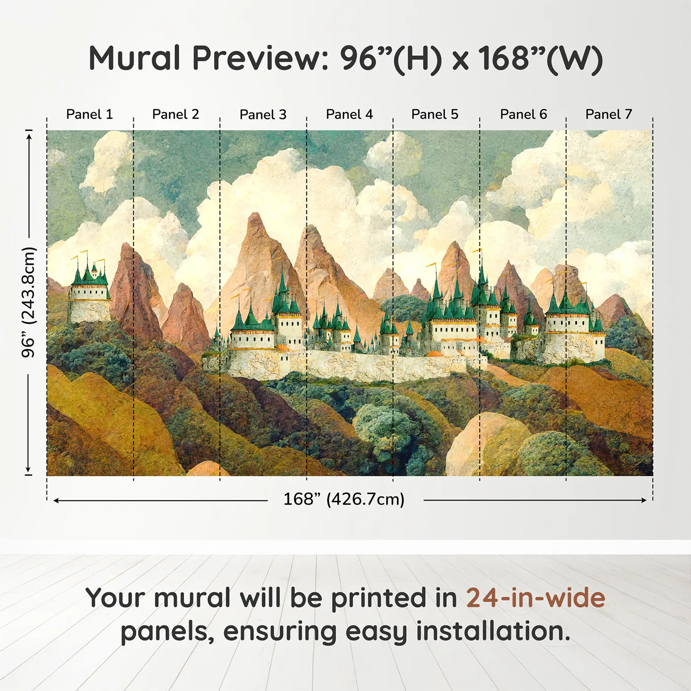 Whimsy Tots Emerald Spire Castle Wall Muraldimension view (96" H x 168" W). Printed in seven 24-inch-wide panels. Gender-Neutral