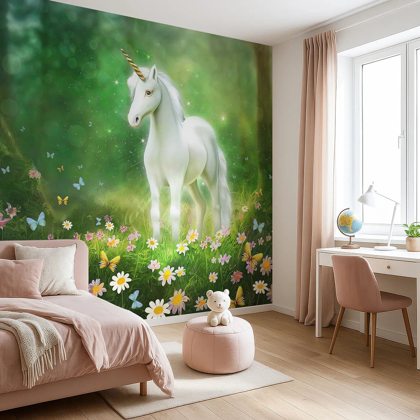 Angled view of Whimsy Tots' Enchanted Forest Unicorn Wall Mural (Turn Their Room into a Magical, Sparkling Meadow).Best for Girls