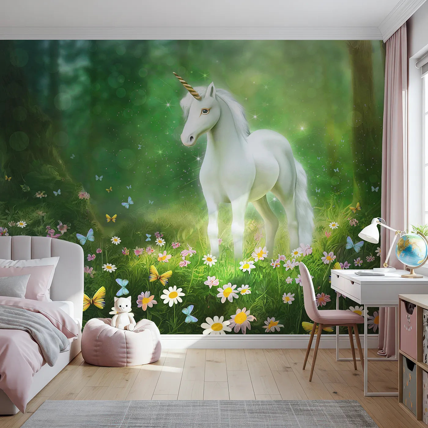 Front view of Whimsy Tots' Enchanted Forest Unicorn Wall Mural