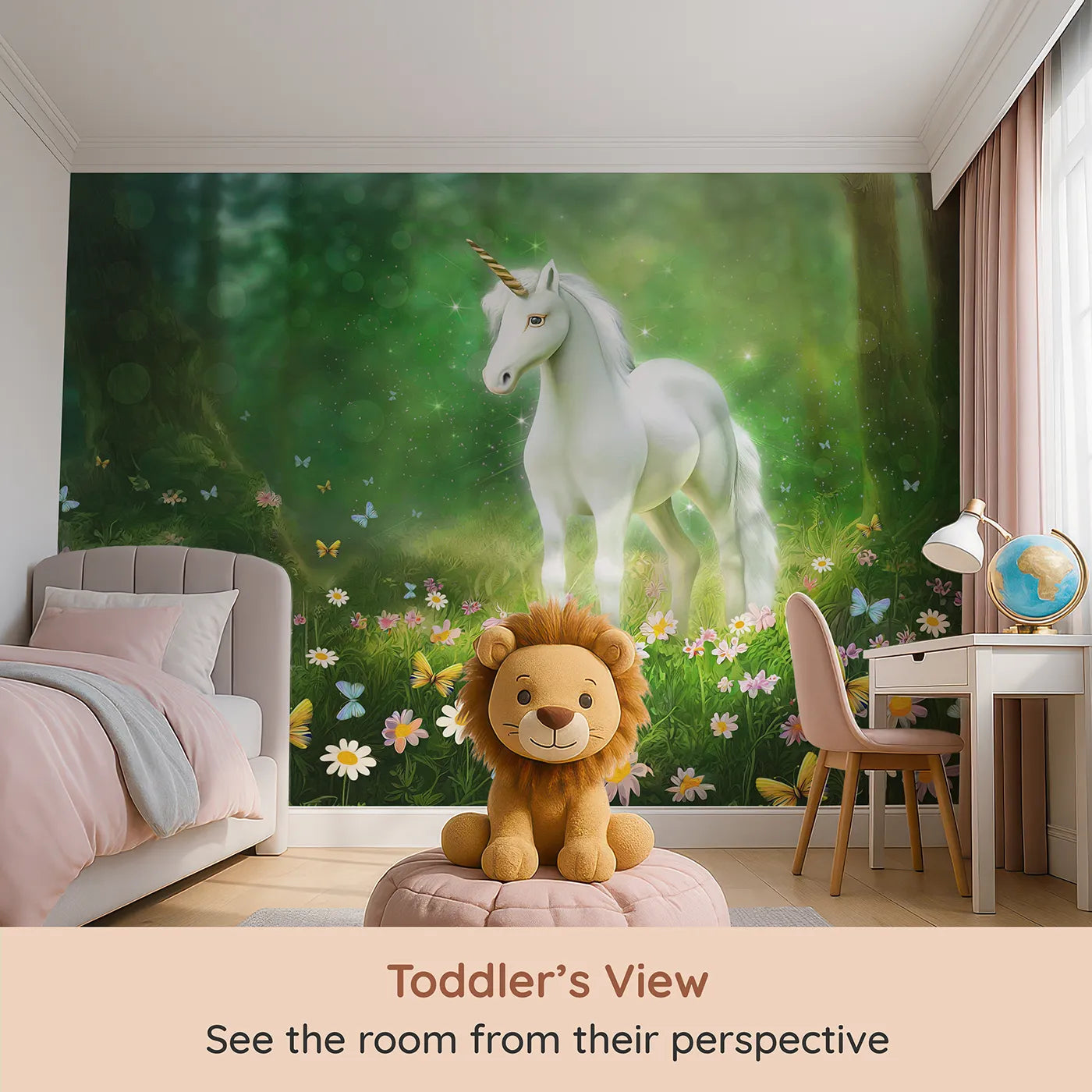 Whimsy Tots Enchanted Forest Unicorn Wall Mural (Turn Their Room into a Magical, Sparkling Meadow) from your child's view.Best for Girls