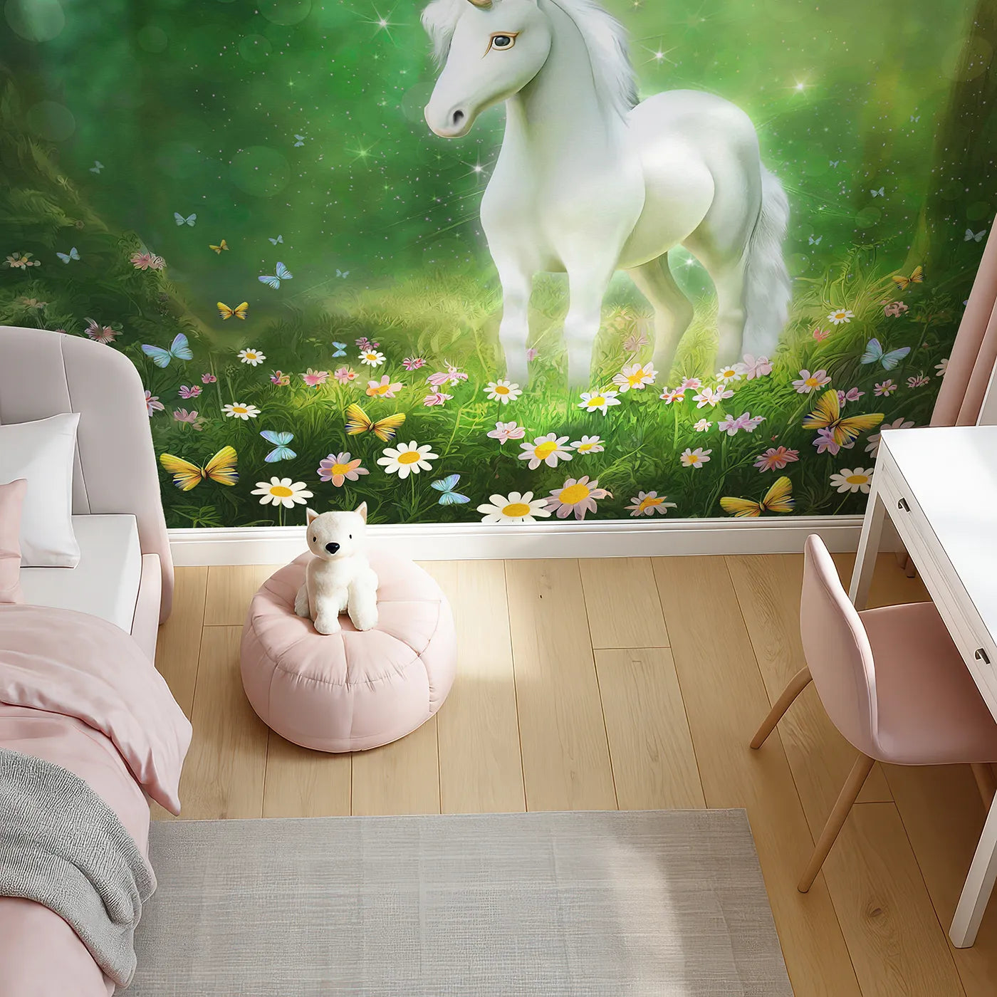Top-down view of Whimsy Tots' Enchanted Forest Unicorn Wall Mural (Turn Their Room into a Magical, Sparkling Meadow).Best for Girls