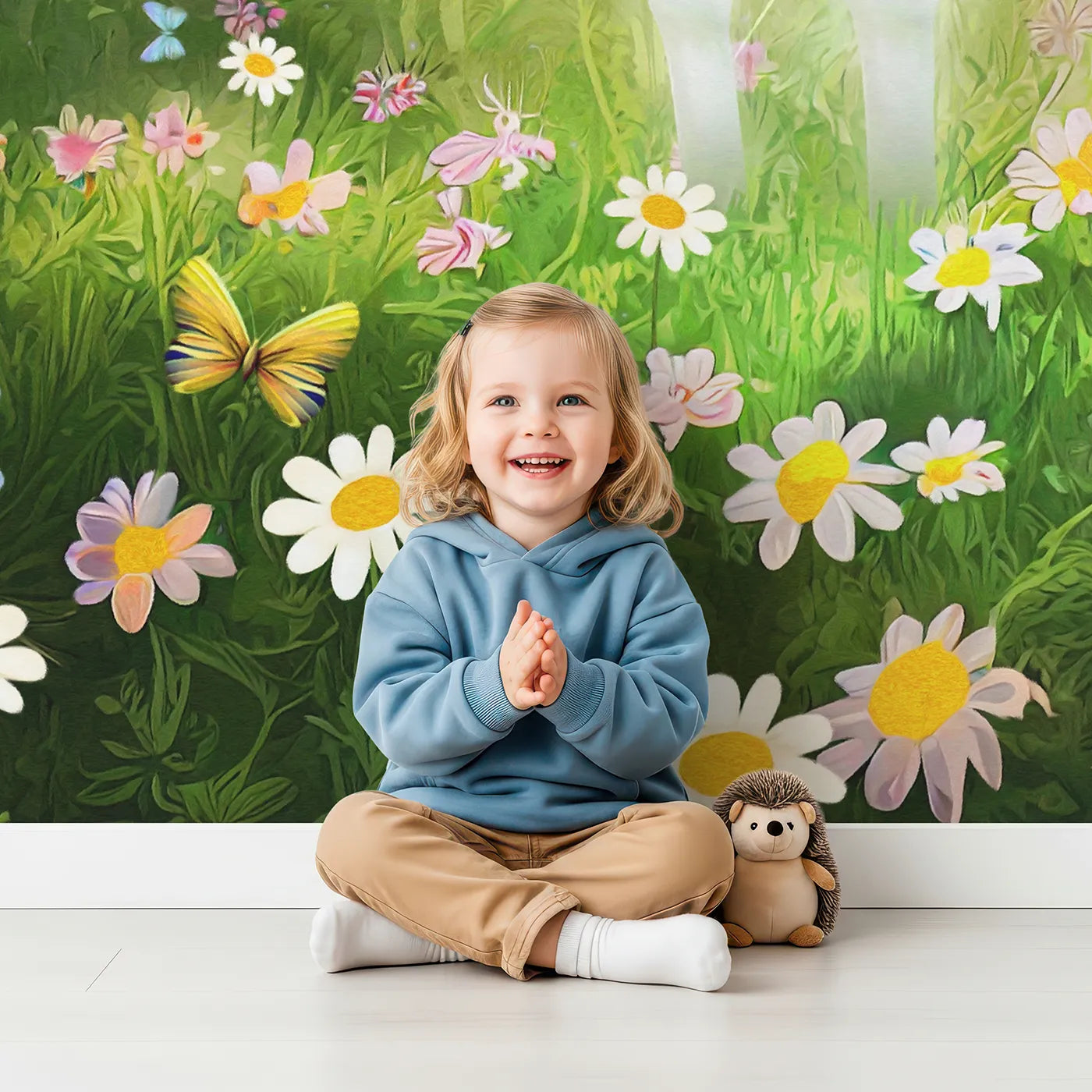 Child in front of Whimsy Tots Enchanted Forest Unicorn Wall Mural with unicorn, magic, forest, flower, sparkle, fantasy, butterfly, enchanted in design.