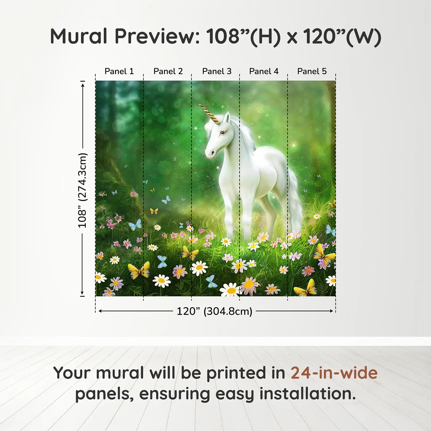 Whimsy Tots Enchanted Forest Unicorn Wall Muraldimension view (108" H x 120" W). Printed in five 24-inch-wide panels. Best for Girls