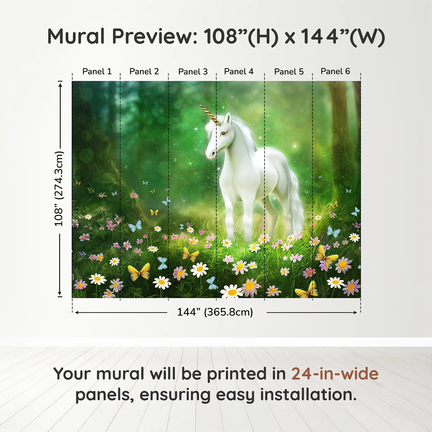 Whimsy Tots Enchanted Forest Unicorn Wall Muraldimension view (108" H x 144" W). Printed in six 24-inch-wide panels. Best for Girls