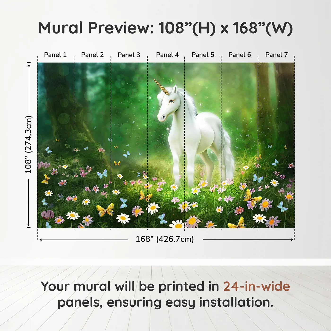 Whimsy Tots Enchanted Forest Unicorn Wall Muraldimension view (108" H x 168" W). Printed in seven 24-inch-wide panels. Best for Girls
