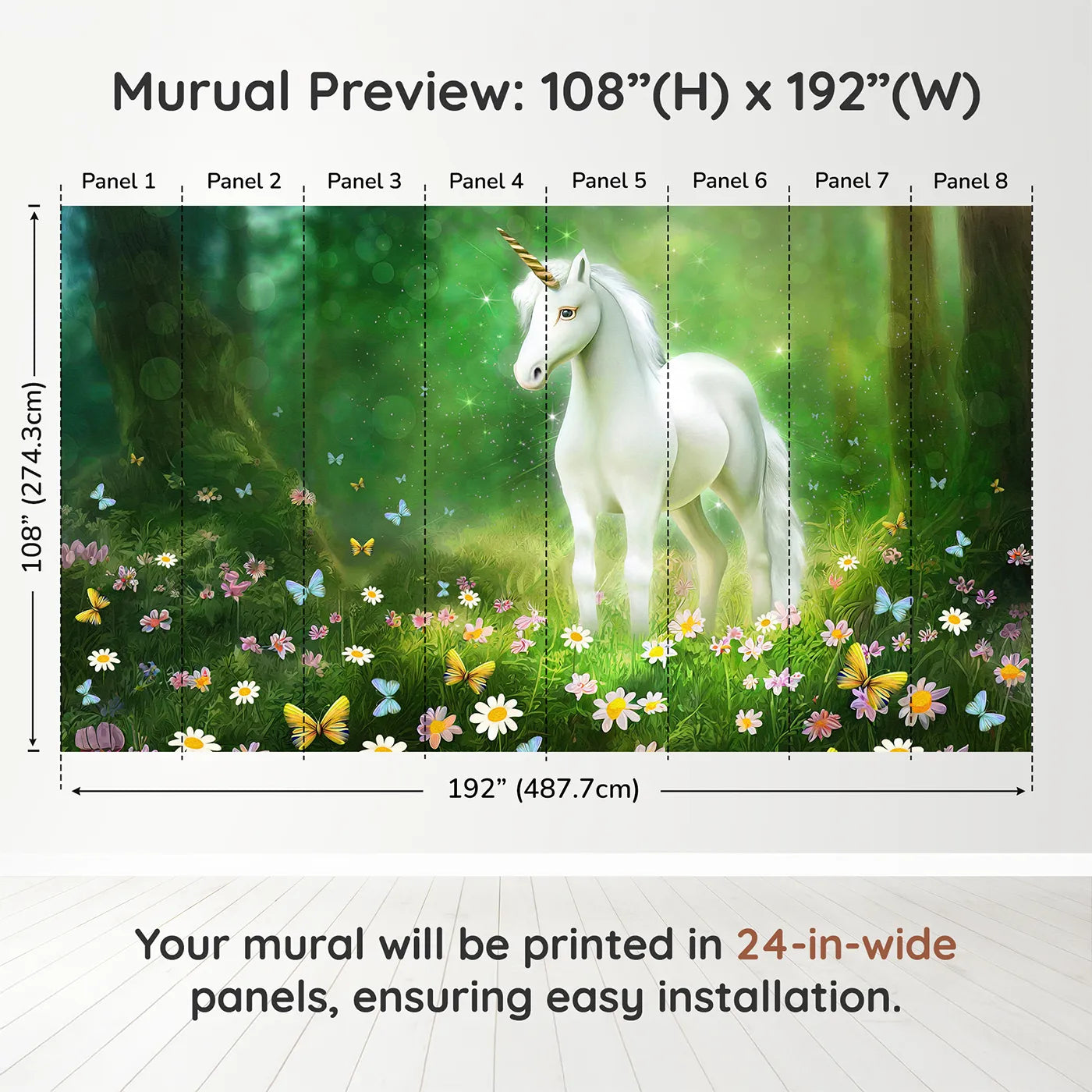Whimsy Tots Enchanted Forest Unicorn Wall Muraldimension view (108" H x 192" W). Printed in eight 24-inch-wide panels. Best for Girls