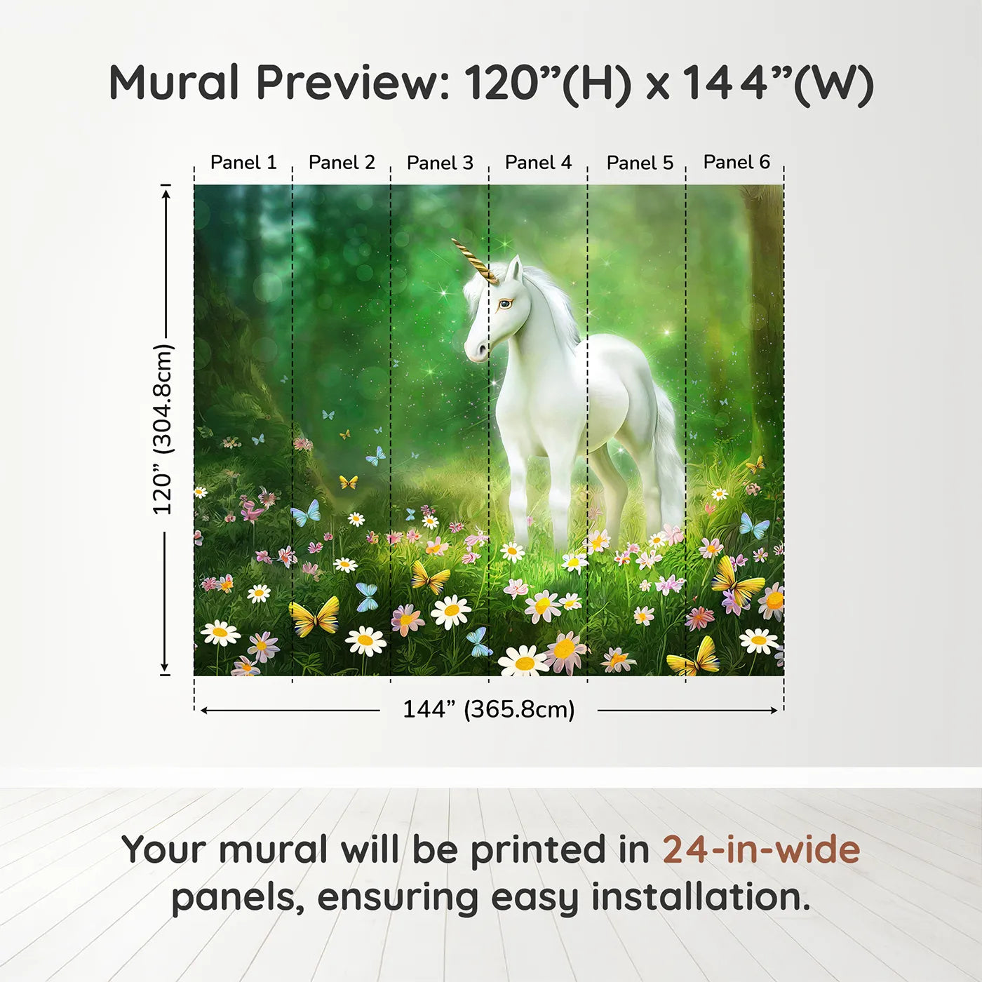 Whimsy Tots Enchanted Forest Unicorn Wall Muraldimension view (120" H x 144" W). Printed in six 24-inch-wide panels. Best for Girls